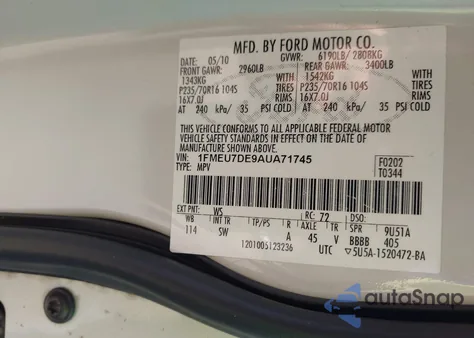 2010 Ford Explorer Xlt z USA, uszkodzony, nr VIN 1FMEU7DE9AUA71745